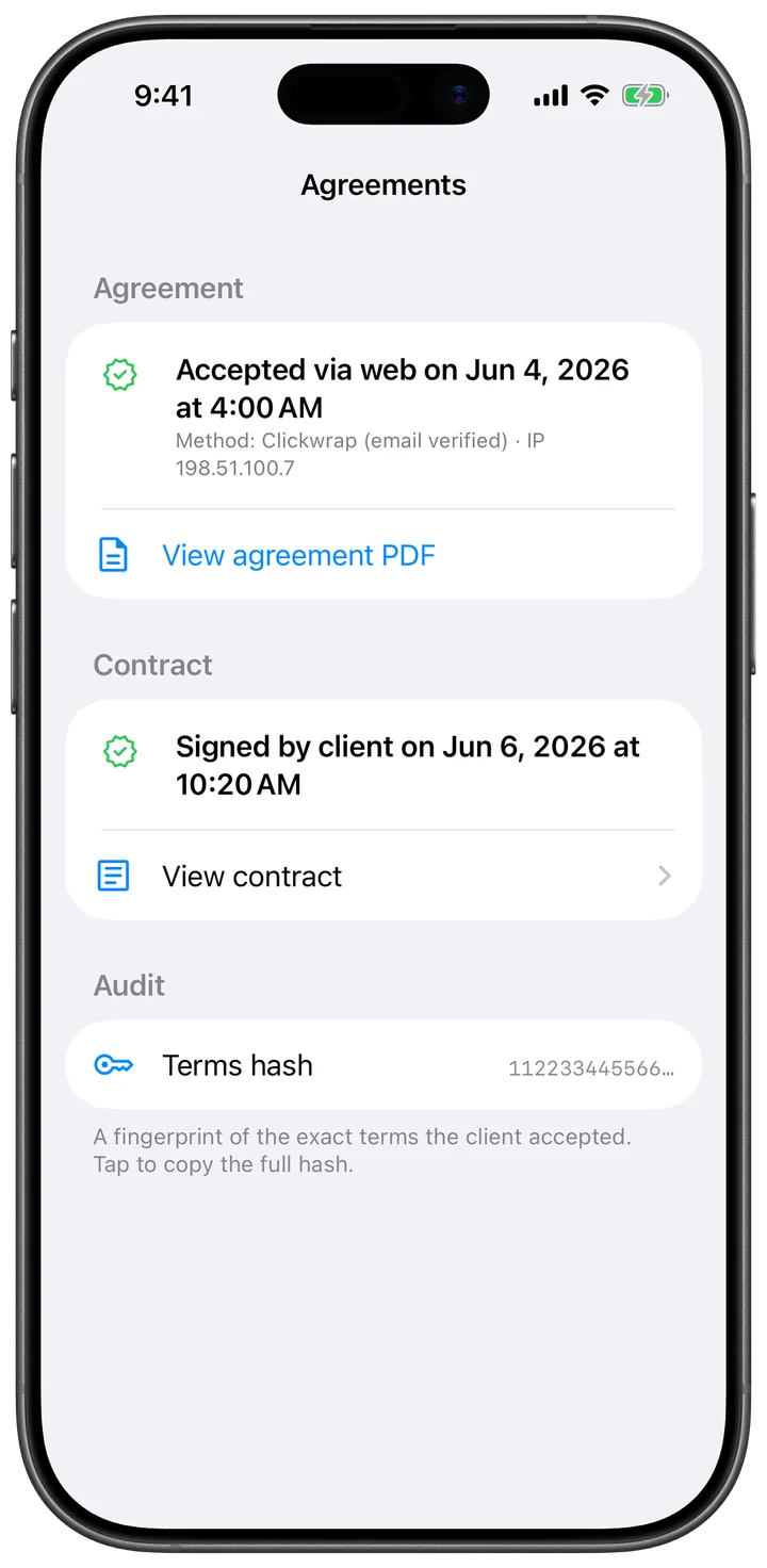 Agreements screen showing a clickwrap acceptance with date, time, and IP address, a signed contract, and a terms hash audit fingerprint