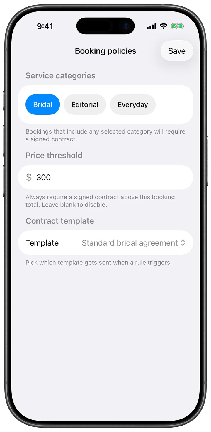 Booking policies screen letting an artist require a signed contract for certain service categories or above a price threshold