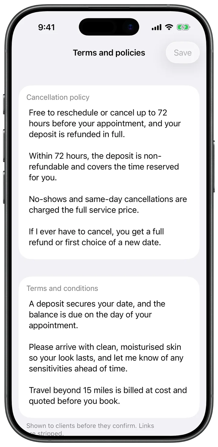 The Terms and policies screen in MUA Studio, with a cancellation policy and terms written in plain language
