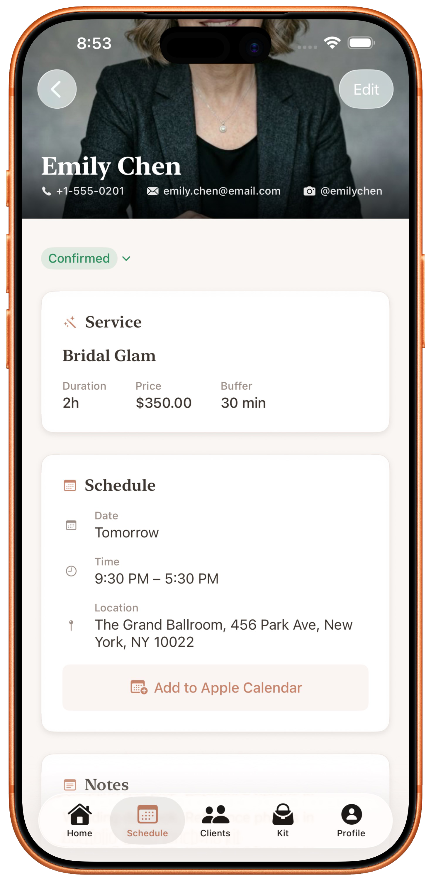 Booking detail screen showing service, schedule, and location