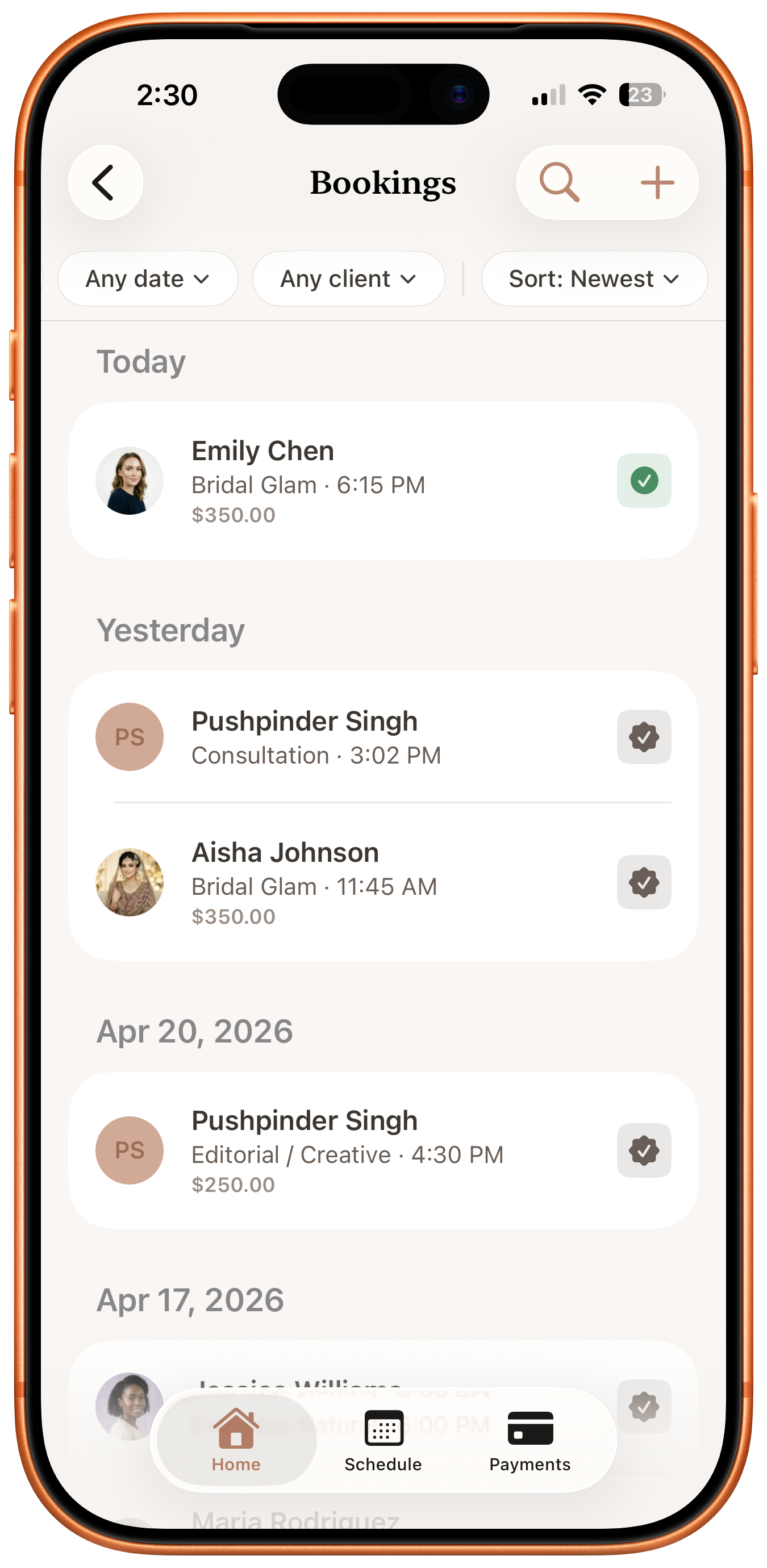 Bookings list grouped by day with client avatars, services, and payment status