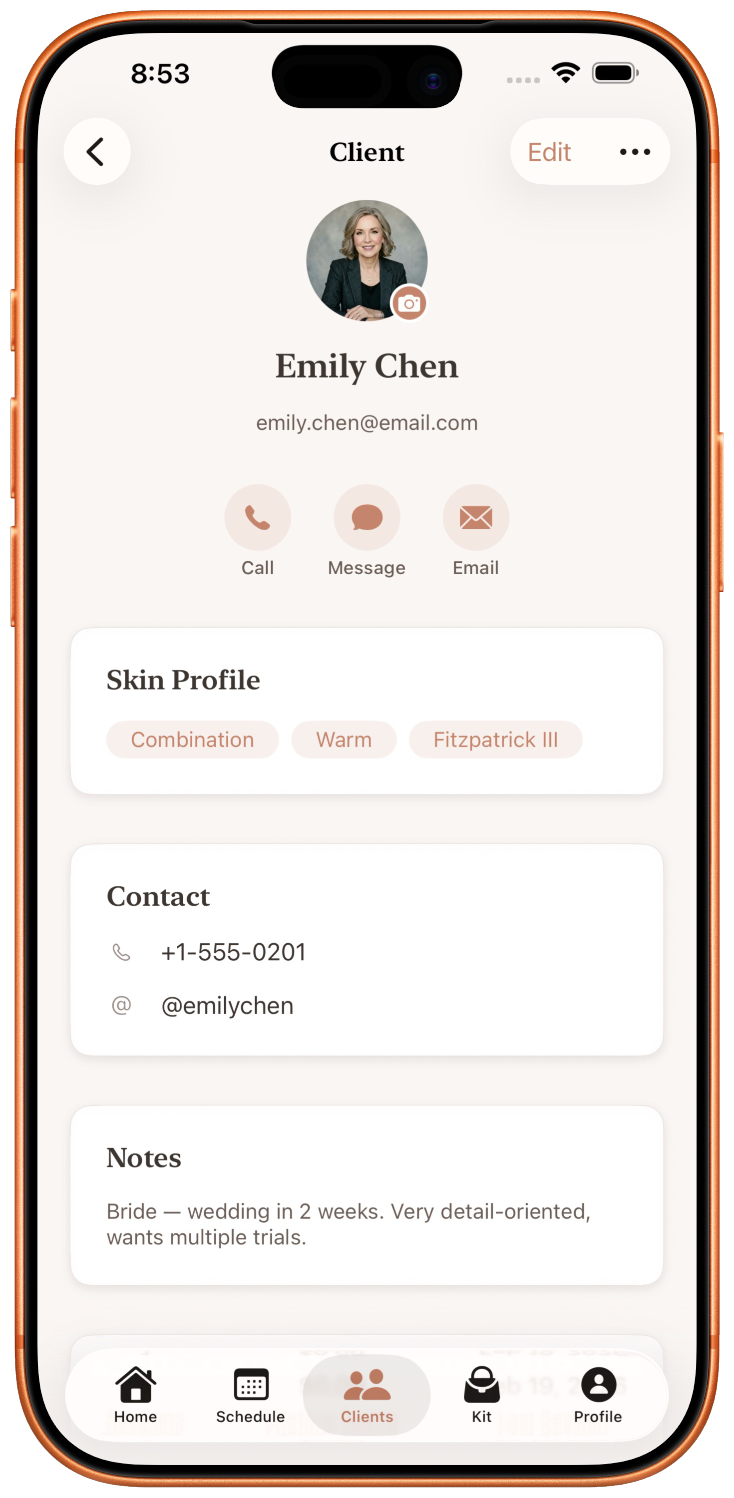 Client profile with skin type, contact, and notes