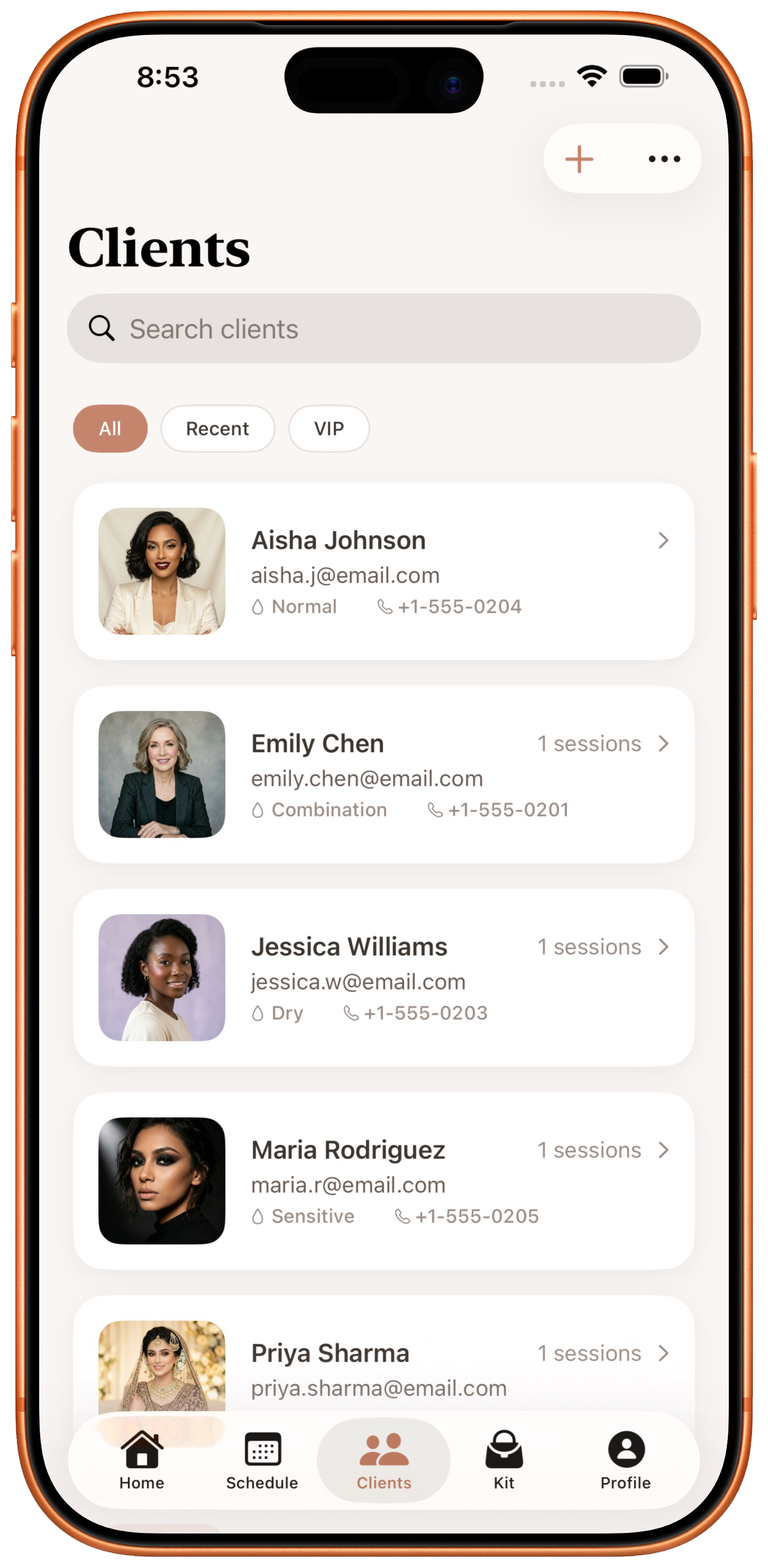 Client list with photos and skin profiles