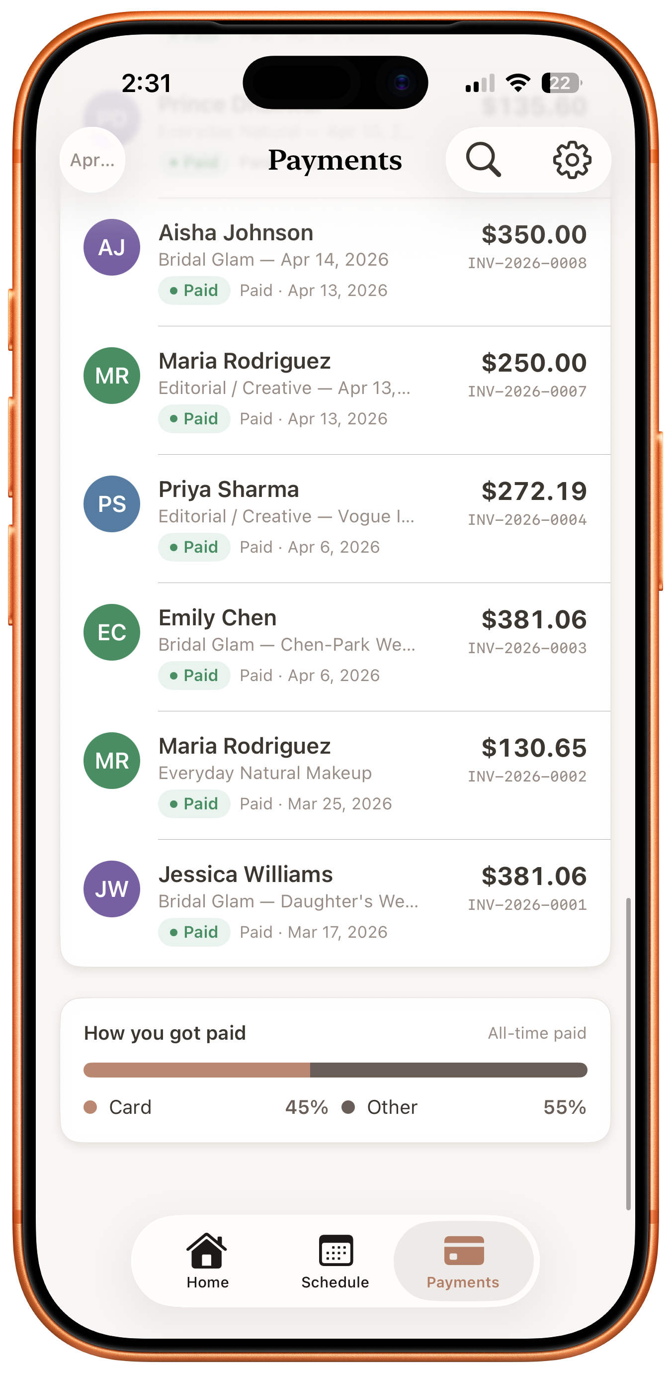 Invoice list with client avatars, amounts, and how-you-got-paid breakdown
