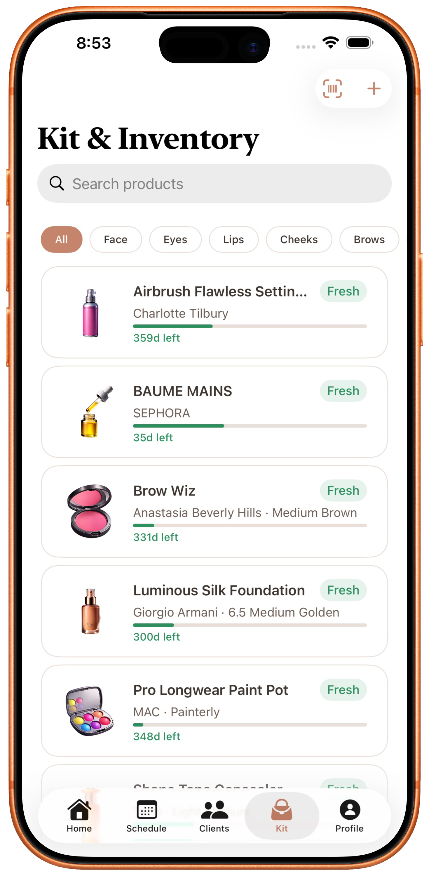 Kit & Inventory screen showing products with PAO expiry tracking