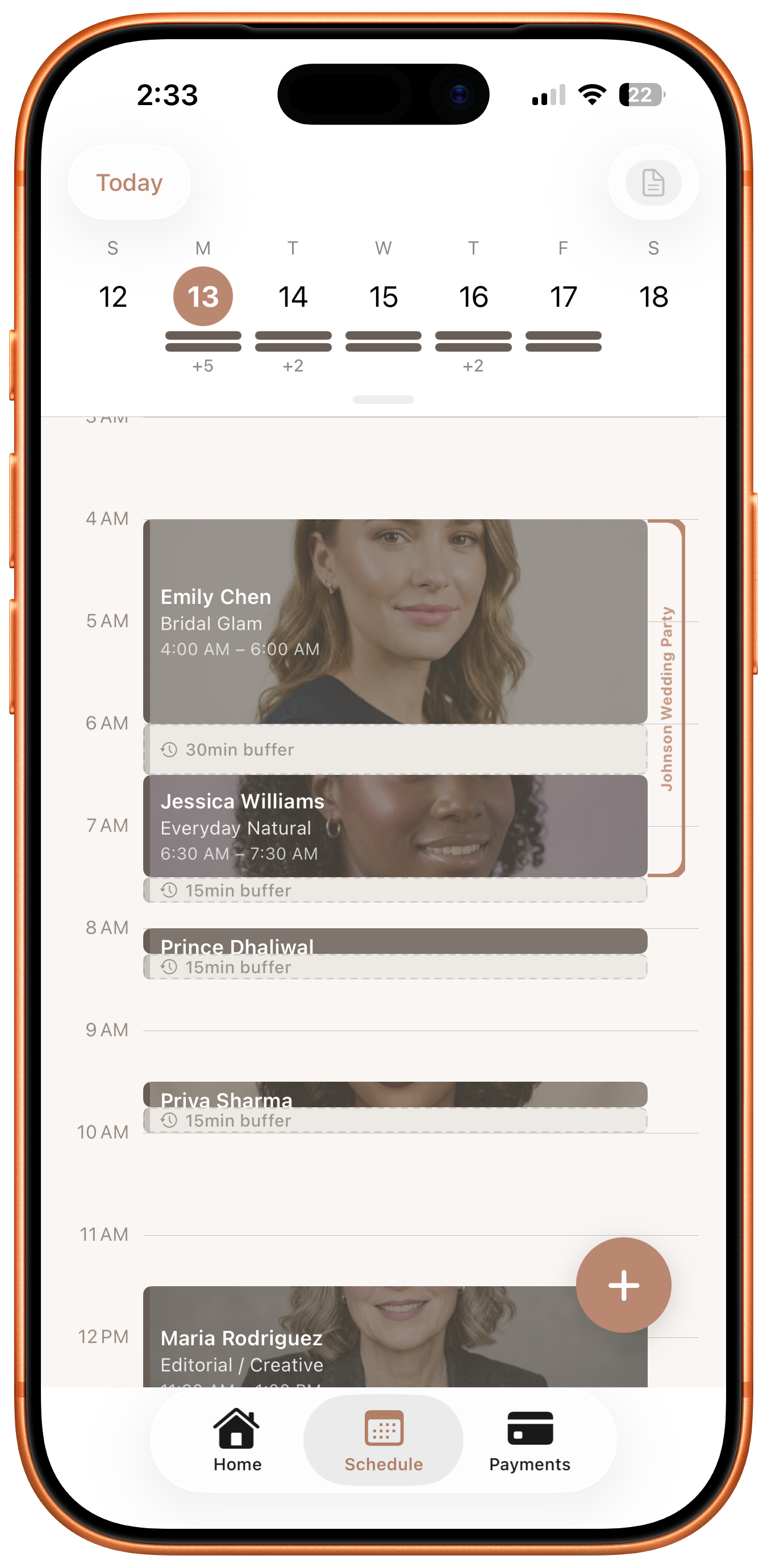 Day schedule with booking cards, buffers between appointments, and a group booking rail