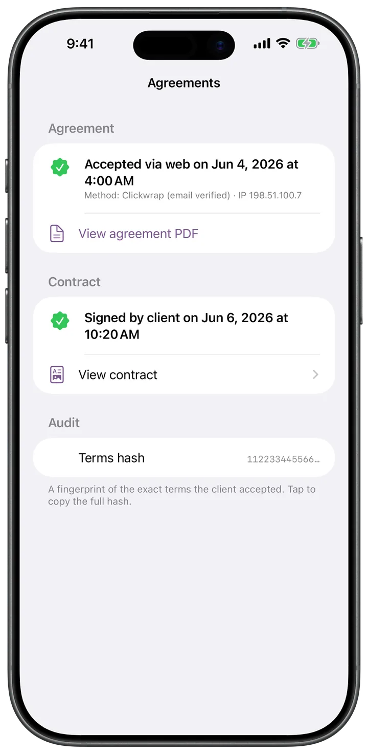 Agreements screen with accepted terms and a signed contract