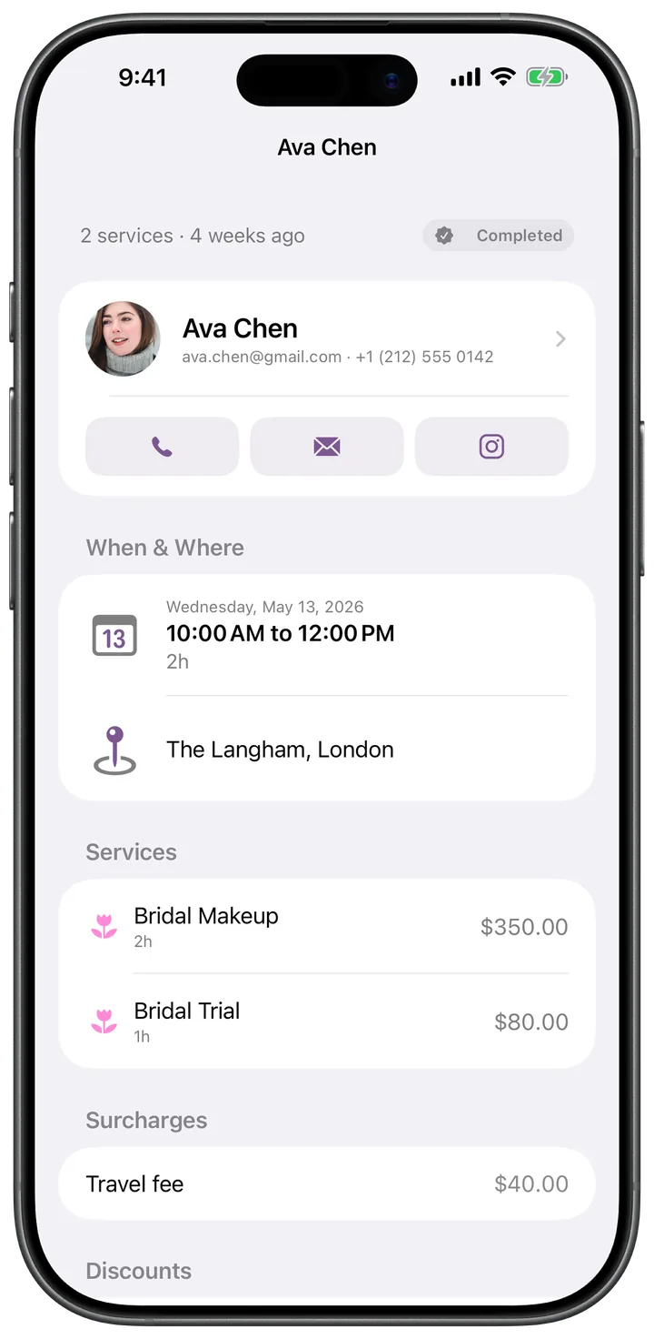 Booking detail with client, schedule, services, and pricing
