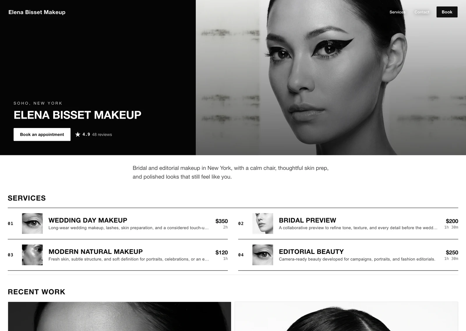 Blanc booking website with a monochrome split hero and numbered service list