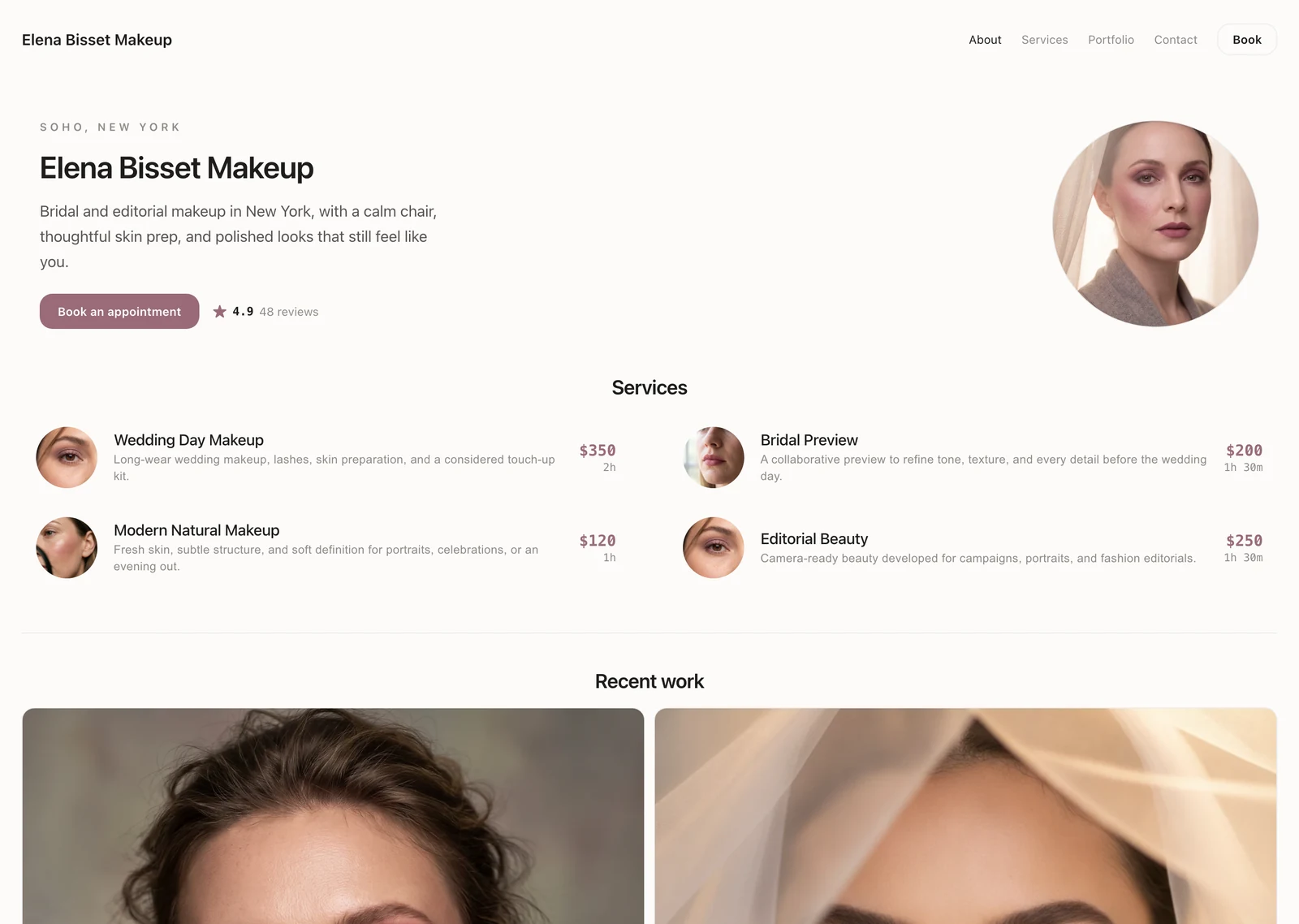 Haze booking website with centered typography and a light minimal service list