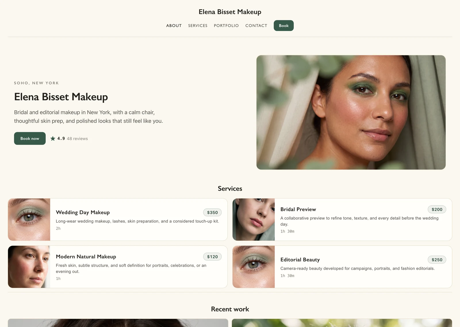 Ivy booking website with green accents and a calm balanced desktop layout