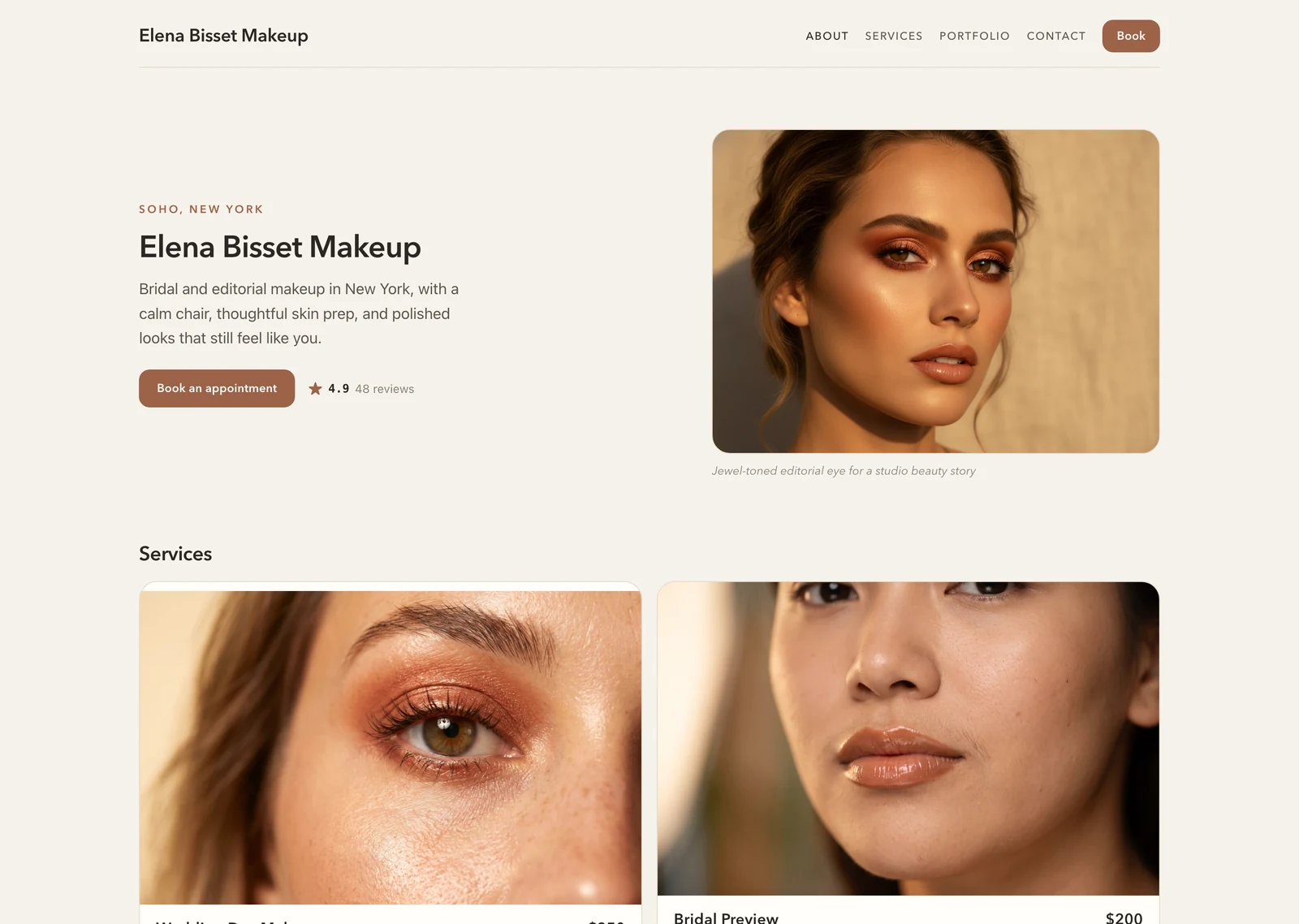 Linen booking website with a warm editorial hero and wide service cards