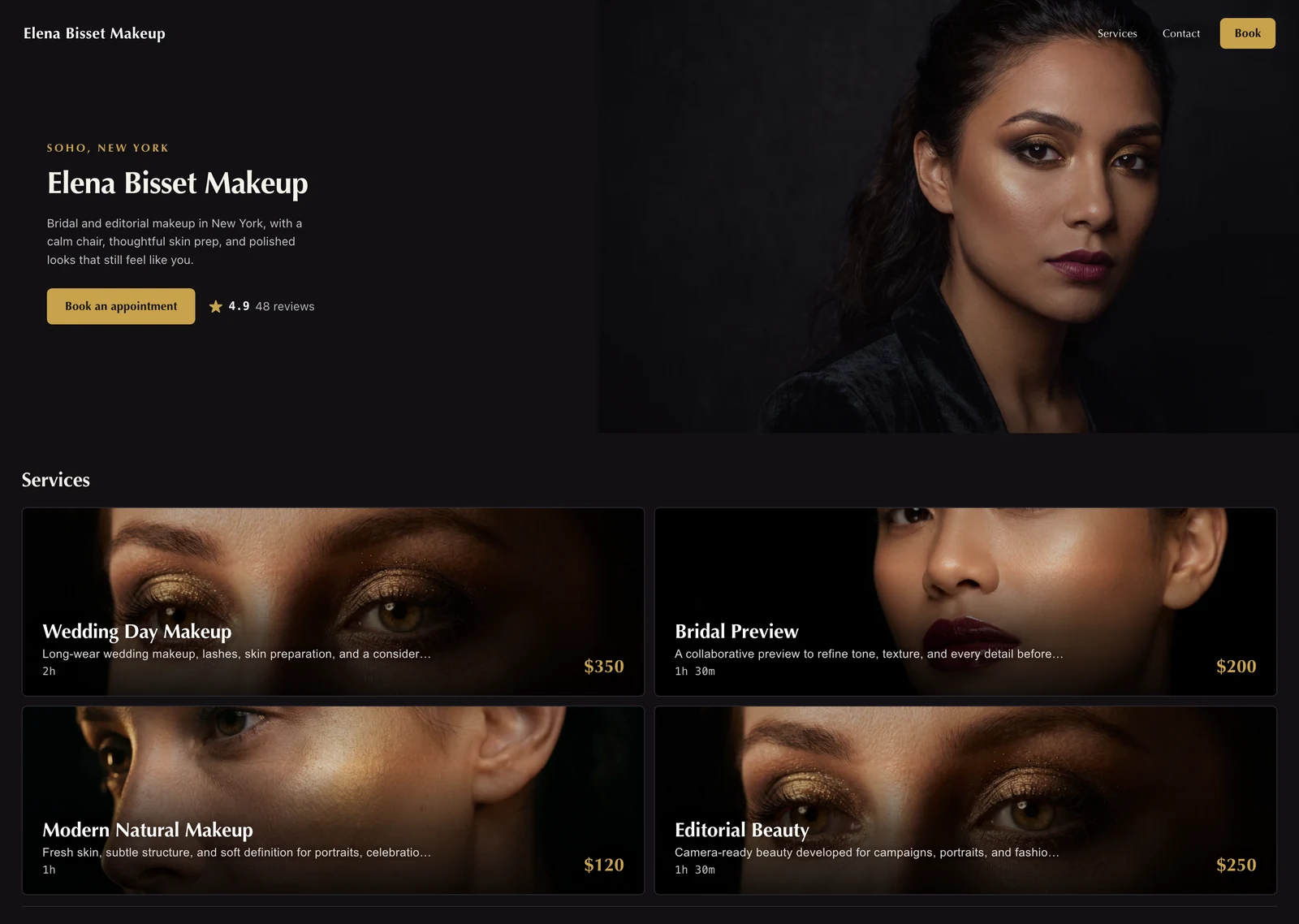 Noir booking website with a black background and cinematic image-led services