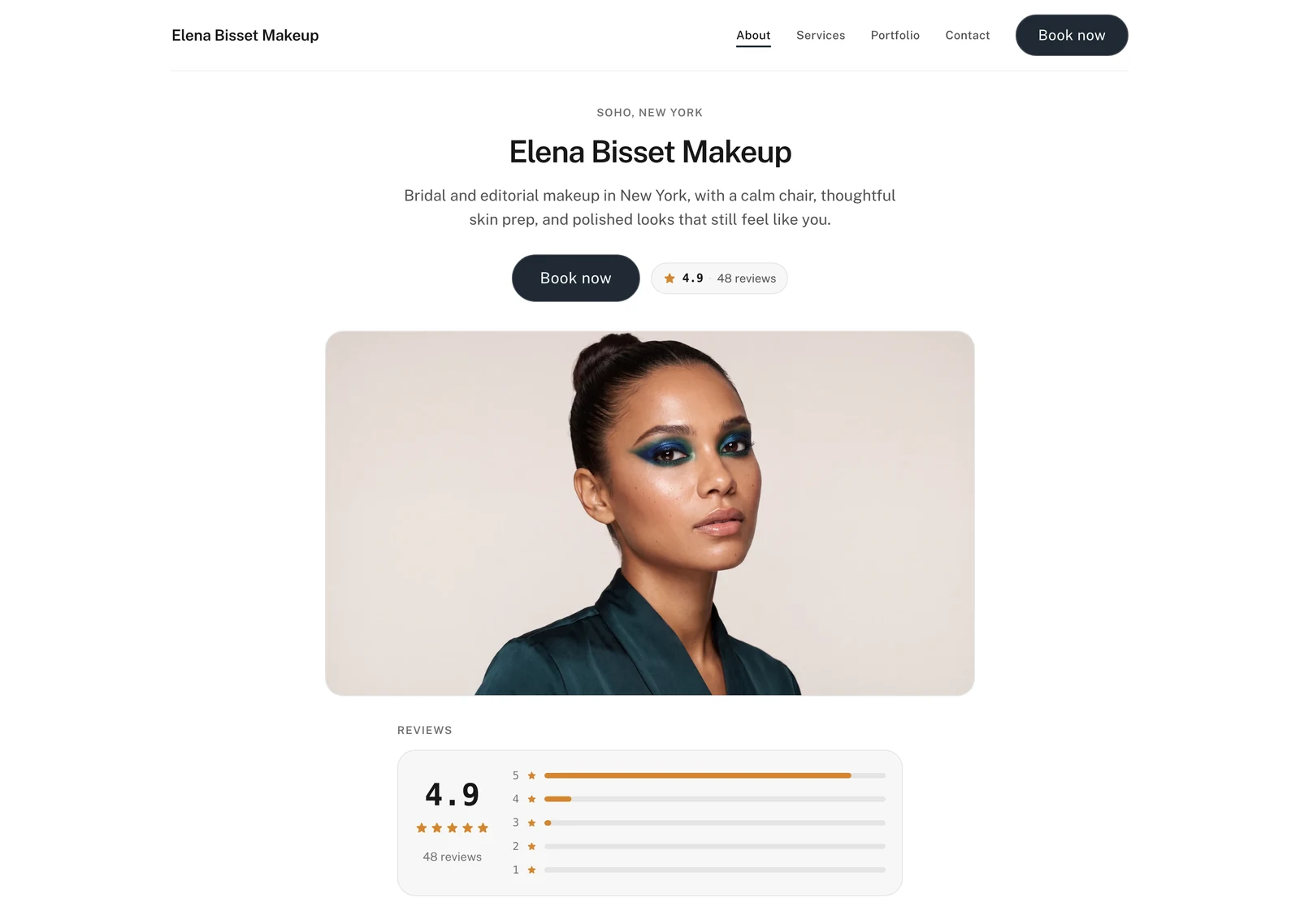 The makeup artist booking page on a desktop browser, with navigation, the business name, a Book now button, reviews, and portfolio work