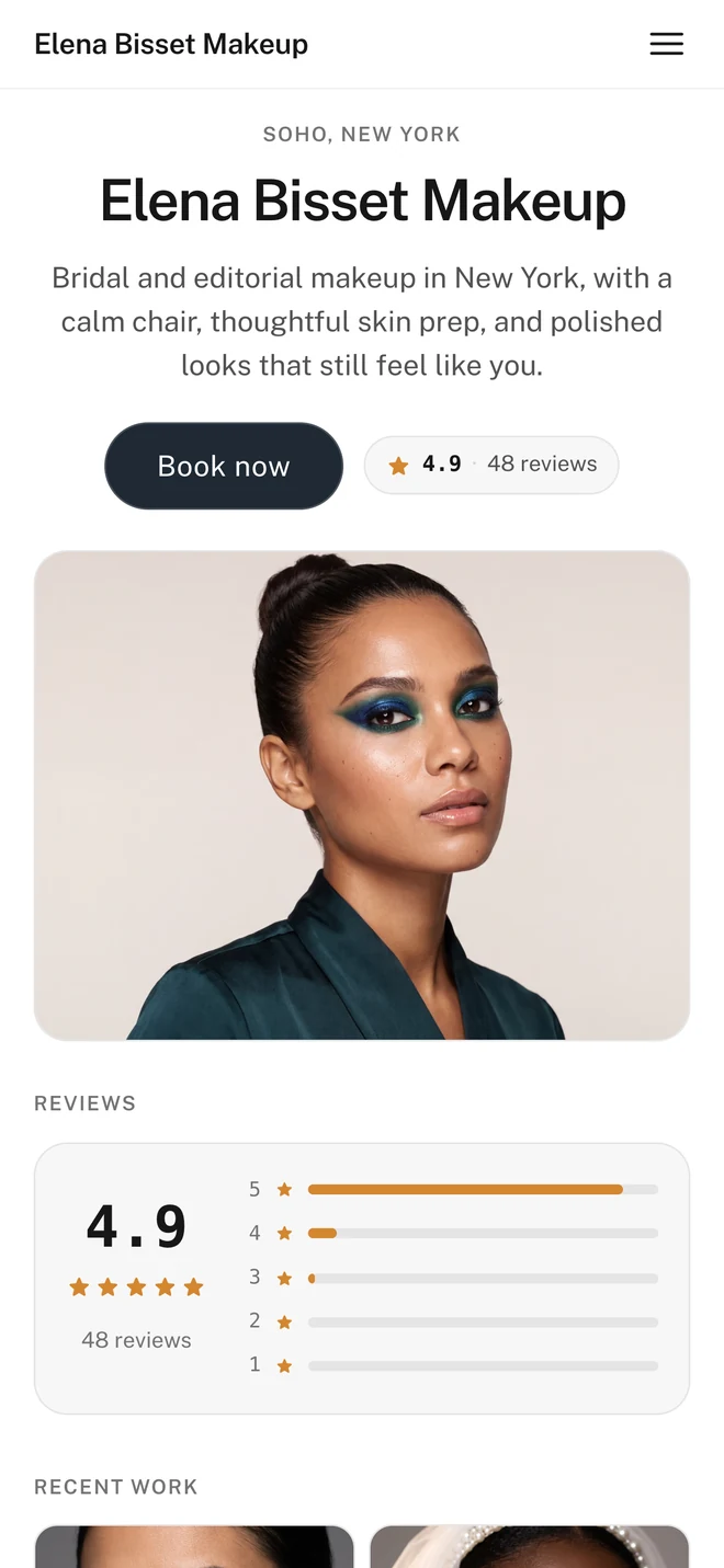 A makeup artist's public MUA Studio booking page on a phone, showing the business name, location, intro, a Book now button, a star rating, and recent work