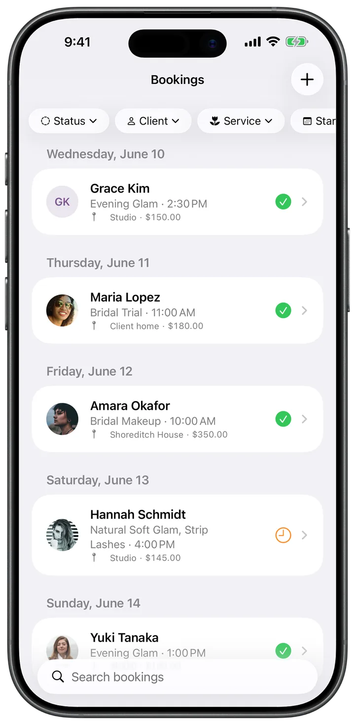 Bookings list grouped by day with client photos, services, and confirmation status