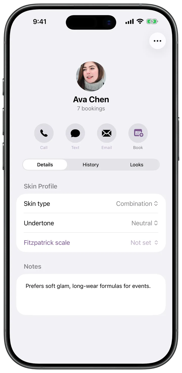 Client profile with skin type, undertone, and notes