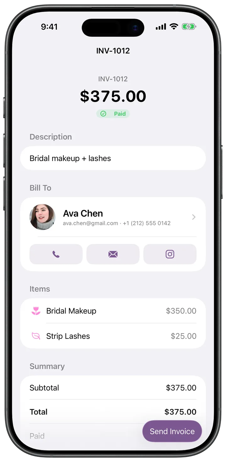 Paid invoice with line items, client details, and total