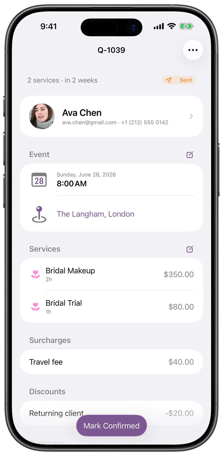 Quote with event details, services, a travel fee surcharge, a returning client discount, and a confirm button