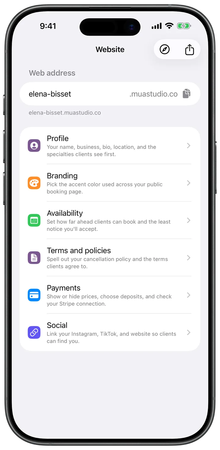 Website settings with a personal muastudio.co address and sections for profile, branding, availability, terms, payments, and social links