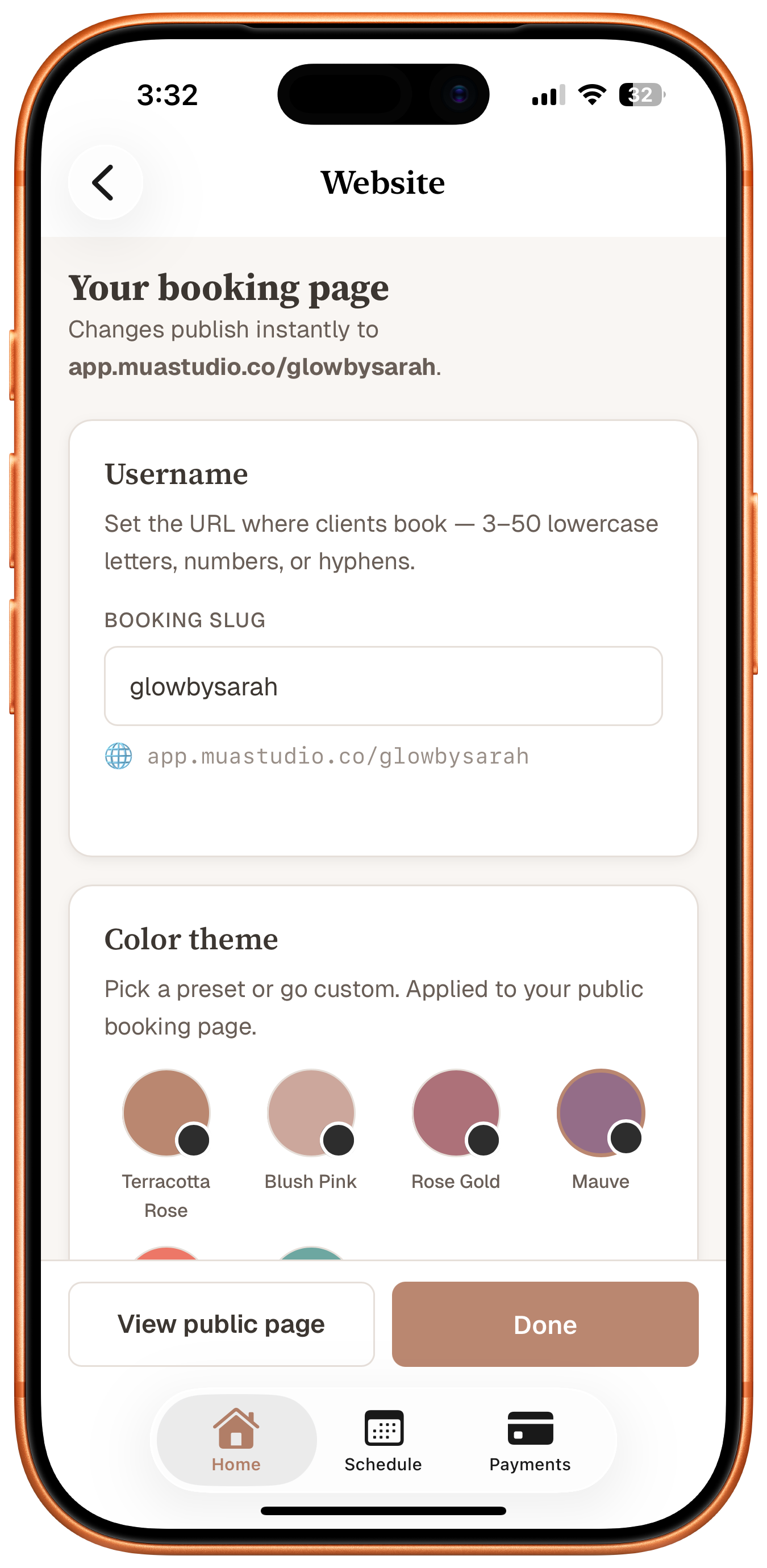 Booking page configuration with custom URL slug and color theme presets